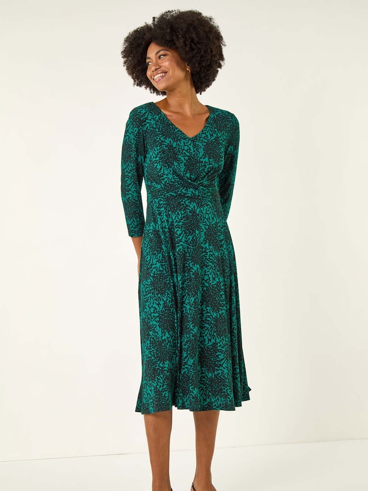 Roman Green Speckled Print Wrap Bodice Midi Dress - Image 1 of 5 Roman Green Speckled Print Wrap Bodice Midi Dress - Image 1 of 5