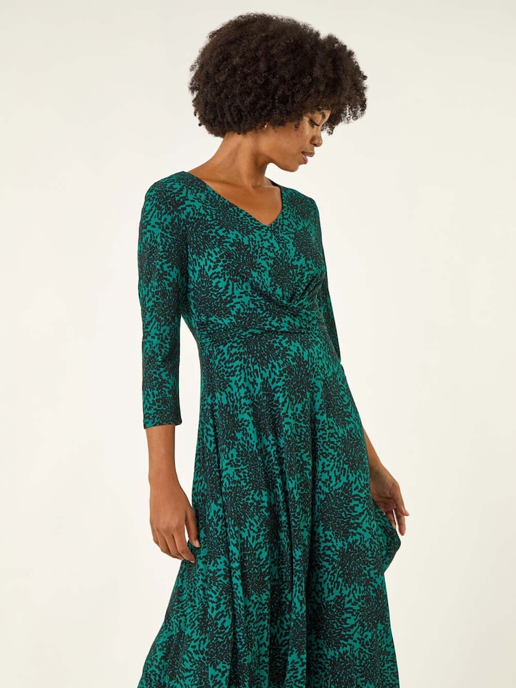 Roman Green Speckled Print Wrap Bodice Midi Dress - Image 2 of 5 Roman Green Speckled Print Wrap Bodice Midi Dress - Image 2 of 5