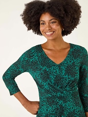 Roman Green Speckled Print Wrap Bodice Midi Dress - Image 4 of 5