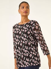 Roman Black Floral Print Stretch Tunic Top - Image 1 of 5