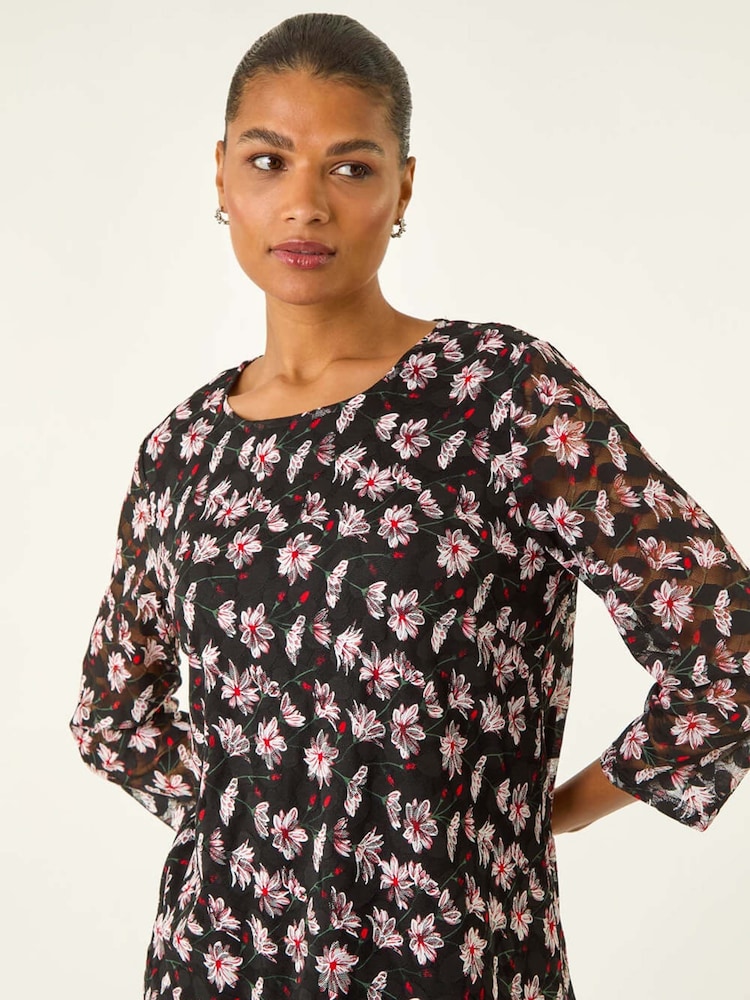 Roman Black Floral Print Stretch Tunic Top - Image 2 of 5