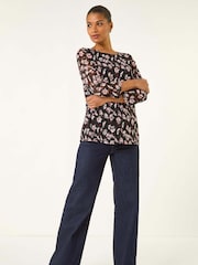Roman Black Floral Print Stretch Tunic Top - Image 3 of 5