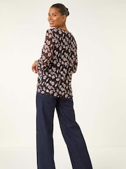 Roman Black Floral Print Stretch Tunic Top - Image 4 of 5