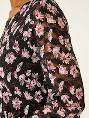 Roman Black Floral Print Stretch Tunic Top - Image 5 of 5