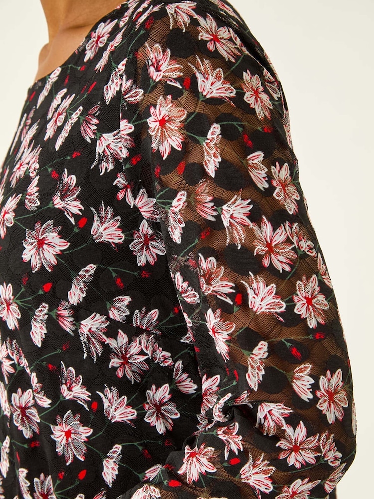 Roman Black Floral Print Stretch Tunic Top - Image 5 of 5