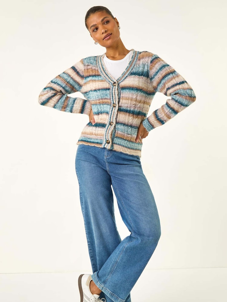 Roman Blue Stripe Buttoned Cable Knit Cardigan - Image 1 of 5 Roman Blue Stripe Buttoned Cable Knit Cardigan - Image 1 of 5