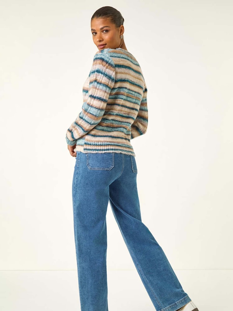 Roman Blue Stripe Buttoned Cable Knit Cardigan - Image 2 of 5
