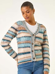 Roman Blue Stripe Buttoned Cable Knit Cardigan - Image 5 of 5