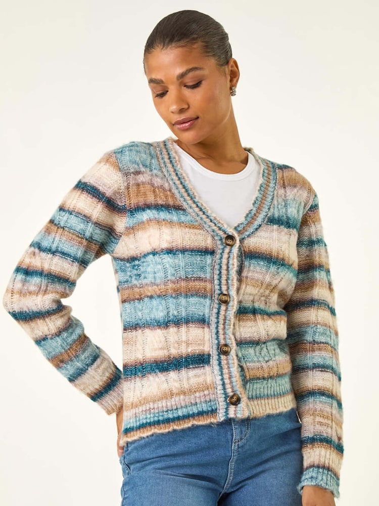 Roman Blue Stripe Buttoned Cable Knit Cardigan - Image 5 of 5 Roman Blue Stripe Buttoned Cable Knit Cardigan - Image 5 of 5