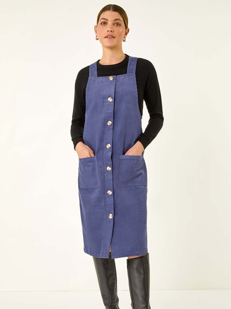 Roman Blue Corduroy Pinafore Midi Dress - Image 1 of 5 Roman Blue Corduroy Pinafore Midi Dress - Image 1 of 5