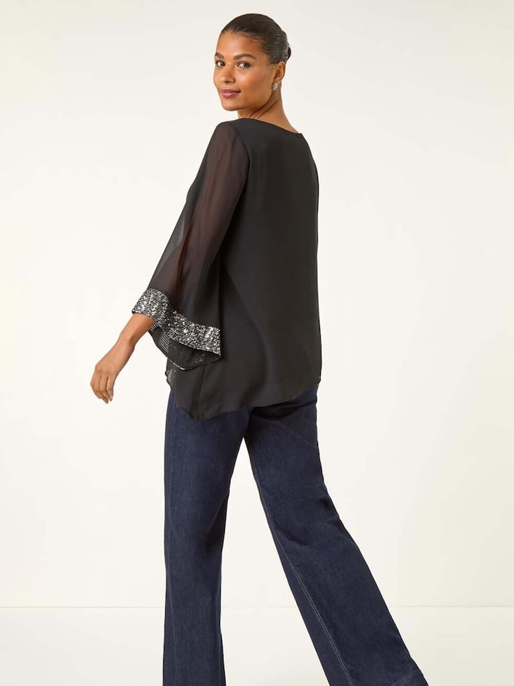 Roman Metallic Asymmetric Sequin Cuff Tunic Top - Image 2 of 5 Roman Metallic Asymmetric Sequin Cuff Tunic Top - Image 2 of 5