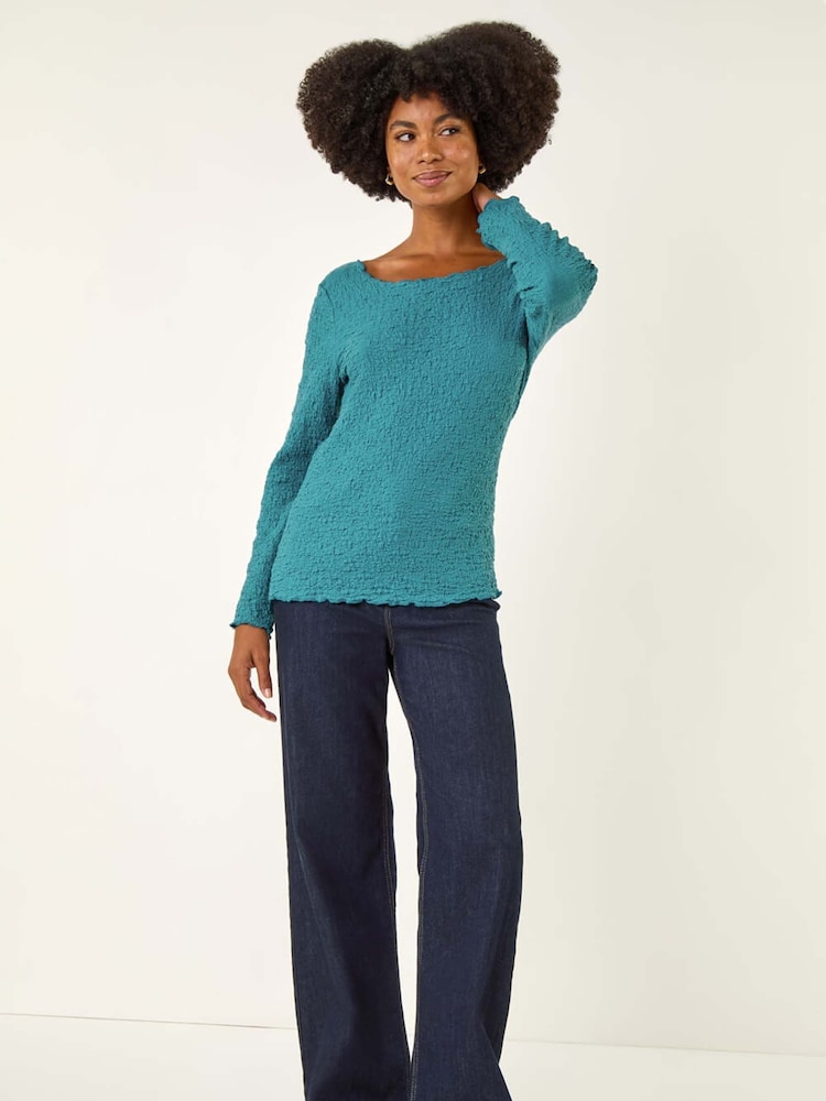 Roman Blue Textured Bubble Crepe Lettuce Edge T-Shirt - Image 1 of 5 Roman Blue Textured Bubble Crepe Lettuce Edge T-Shirt - Image 1 of 5