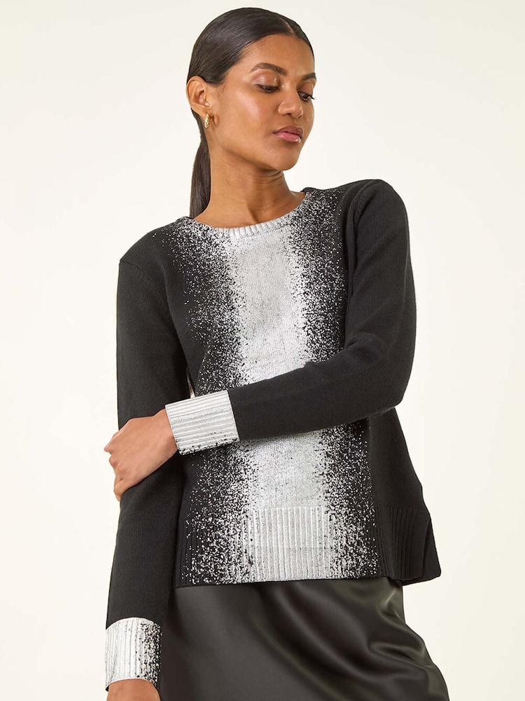 Roman Black Foil Print Crew Neck Knit Jumper - Image 1 of 5 Roman Black Foil Print Crew Neck Knit Jumper - Image 1 of 5