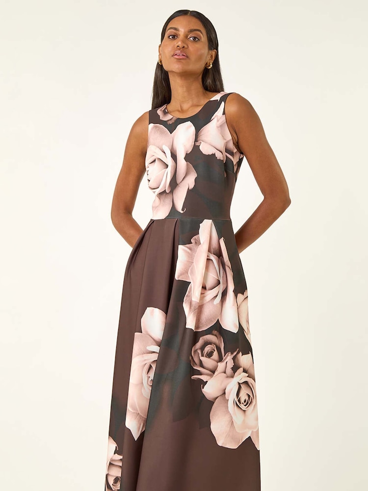 Roman Brown Floral Print Premium Stretch Midi Dress - Image 1 of 5
