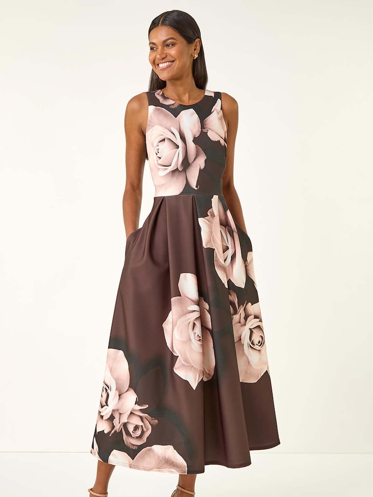 Roman Brown Floral Print Premium Stretch Midi Dress - Image 2 of 5
