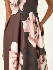 Roman Brown Floral Print Premium Stretch Midi Dress - Image 5 of 5