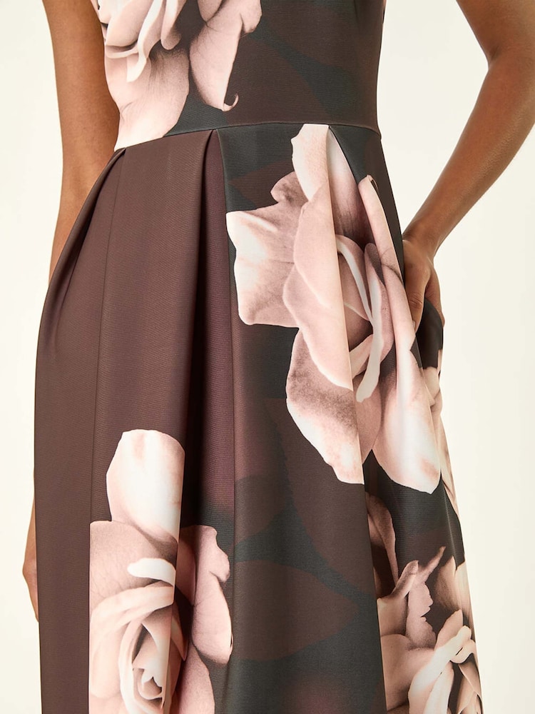 Roman Brown Floral Print Premium Stretch Midi Dress - Image 5 of 5 Roman Brown Floral Print Premium Stretch Midi Dress - Image 5 of 5