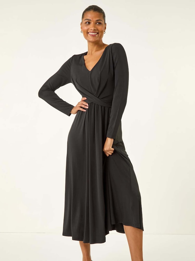 Roman Black Twist Front Stretch Midi Dress - Image 1 of 5 Roman Black Twist Front Stretch Midi Dress - Image 1 of 5