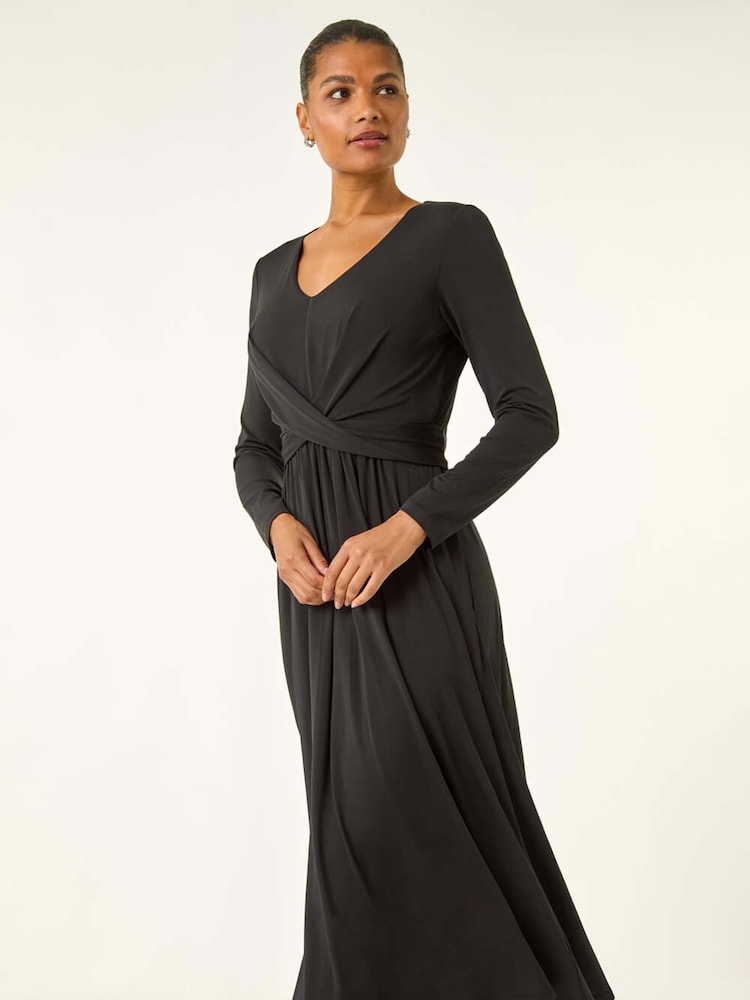 Roman Black Twist Front Stretch Midi Dress - Image 2 of 5 Roman Black Twist Front Stretch Midi Dress - Image 2 of 5