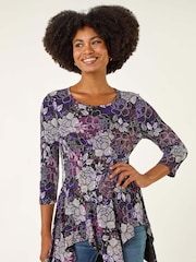 Roman Purple Floral Puff Print Hanky Hem Tunic Top - Image 1 of 5