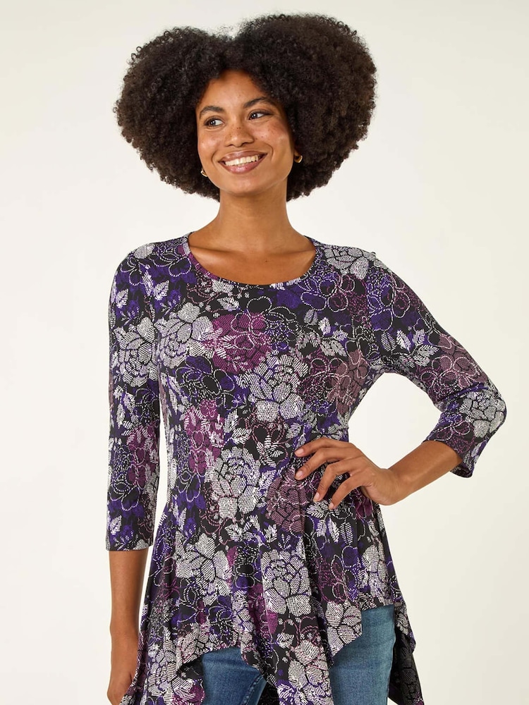 Roman Purple Floral Puff Print Hanky Hem Tunic Top - Image 1 of 5 Roman Purple Floral Puff Print Hanky Hem Tunic Top - Image 1 of 5
