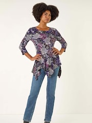 Roman Purple Floral Puff Print Hanky Hem Tunic Top - Image 2 of 5