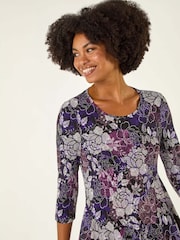 Roman Purple Floral Puff Print Hanky Hem Tunic Top - Image 4 of 5