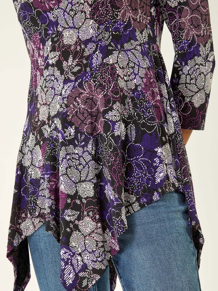 Roman Purple Floral Puff Print Hanky Hem Tunic Top - Image 5 of 5