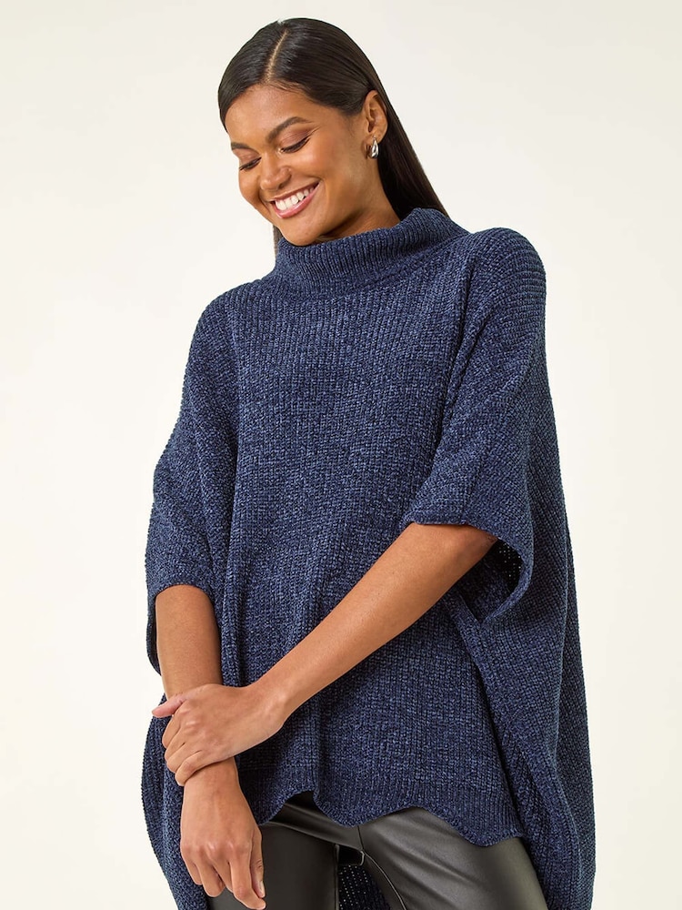 Roman Blue Roll Neck Chenille Knit Poncho - Image 1 of 5 Roman Blue Roll Neck Chenille Knit Poncho - Image 1 of 5