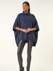 Roman Blue Roll Neck Chenille Knit Poncho - Image 2 of 5
