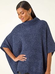 Roman Blue Roll Neck Chenille Knit Poncho - Image 4 of 5