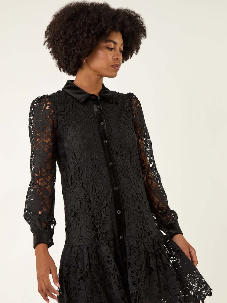 Roman Black Premium Velvet Trim Shirt Dress - Image 1 of 6 Roman Black Premium Velvet Trim Shirt Dress - Image 1 of 6
