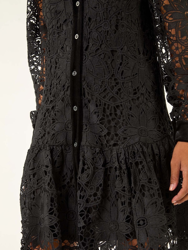 Roman Black Premium Velvet Trim Shirt Dress - Image 6 of 6 Roman Black Premium Velvet Trim Shirt Dress - Image 6 of 6
