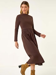 Roman Brown Cotton Stretch Jersey Mix Midi Dress - Image 1 of 5