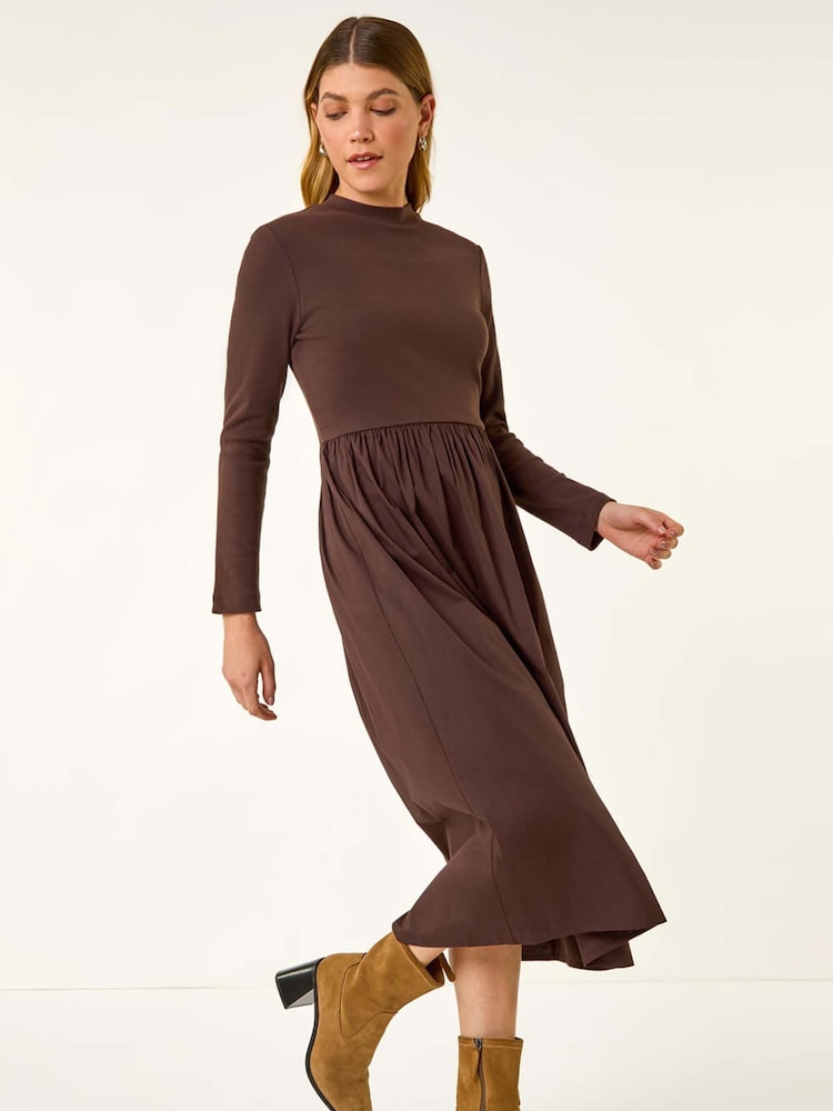Roman Brown Cotton Stretch Jersey Mix Midi Dress - Image 1 of 5