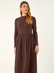 Roman Brown Cotton Stretch Jersey Mix Midi Dress - Image 2 of 5