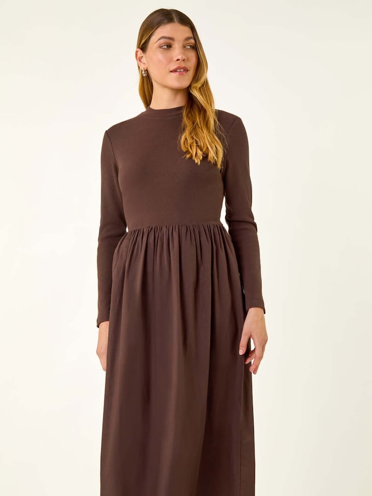 Roman Brown Cotton Stretch Jersey Mix Midi Dress - Image 2 of 5
