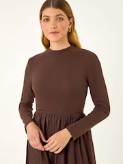 Roman Brown Cotton Stretch Jersey Mix Midi Dress - Image 3 of 5