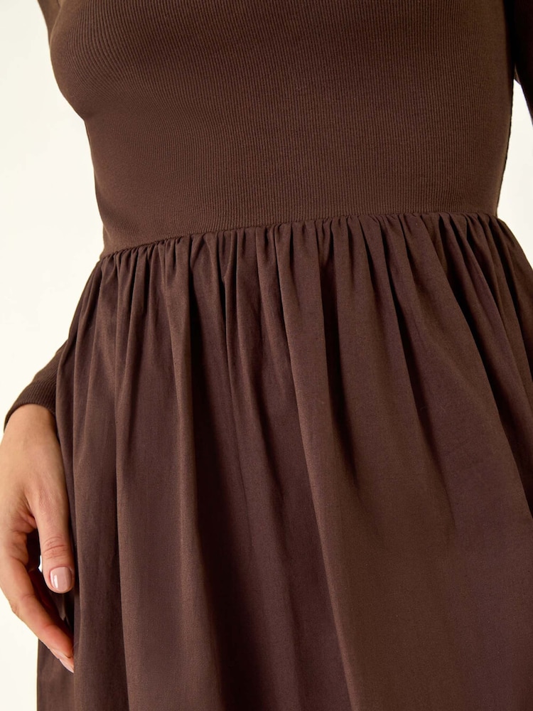 Roman Brown Cotton Stretch Jersey Mix Midi Dress - Image 5 of 5