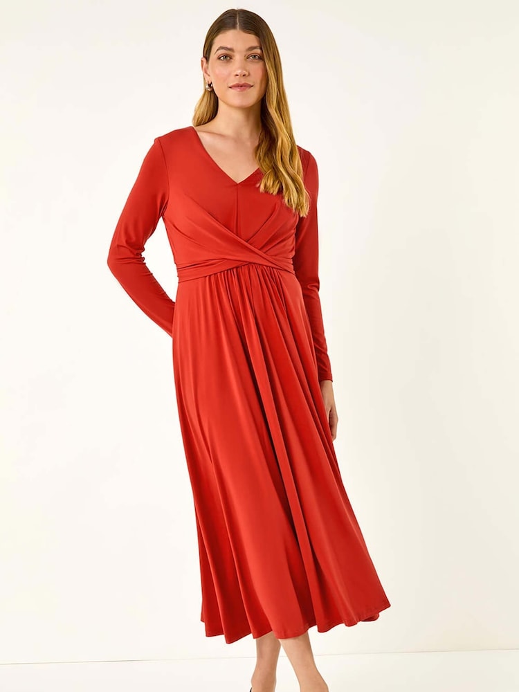 Roman Orange Twist Front Stretch Midi Dress - Image 1 of 5