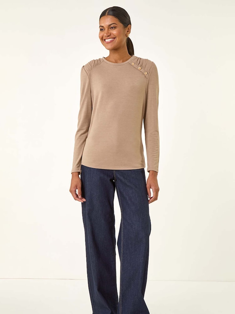 Roman Natural Ruched Button Stretch Jumper - Image 1 of 5 Roman Natural Ruched Button Stretch Jumper - Image 1 of 5