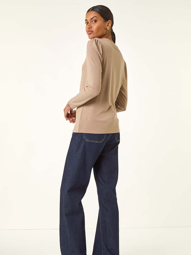 Roman Natural Ruched Button Stretch Jumper - Image 2 of 5 Roman Natural Ruched Button Stretch Jumper - Image 2 of 5
