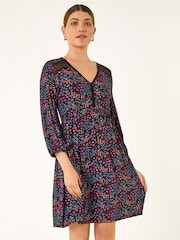 Roman Purple Print Trim Detail Stretch Dress - Image 1 of 5