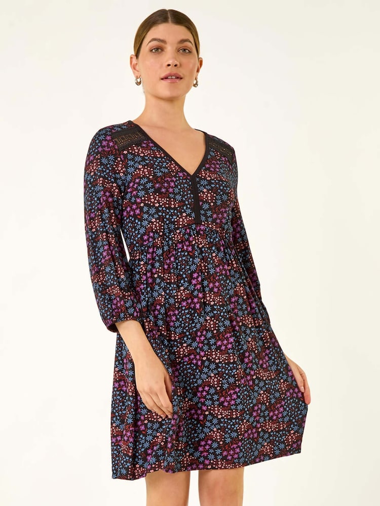 Roman Purple Print Trim Detail Stretch Dress - Image 1 of 5 Roman Purple Print Trim Detail Stretch Dress - Image 1 of 5