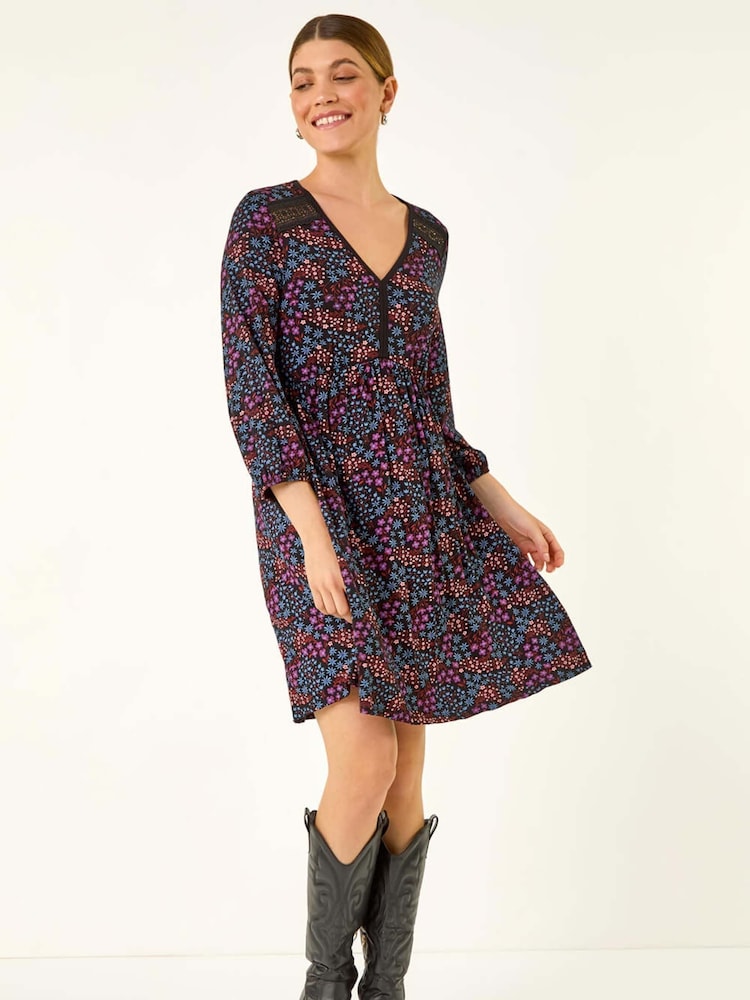 Roman Purple Print Trim Detail Stretch Dress - Image 2 of 5 Roman Purple Print Trim Detail Stretch Dress - Image 2 of 5