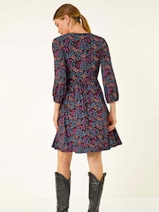 Roman Purple Print Trim Detail Stretch Dress - Image 3 of 5