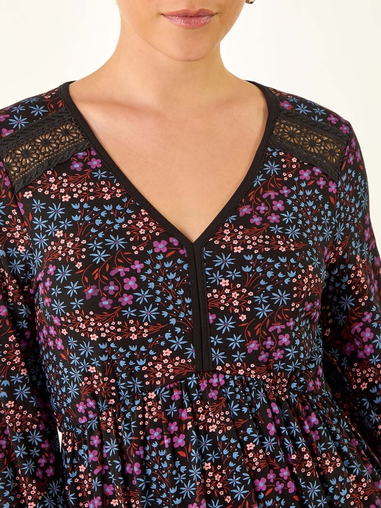 Roman Purple Print Trim Detail Stretch Dress - Image 5 of 5