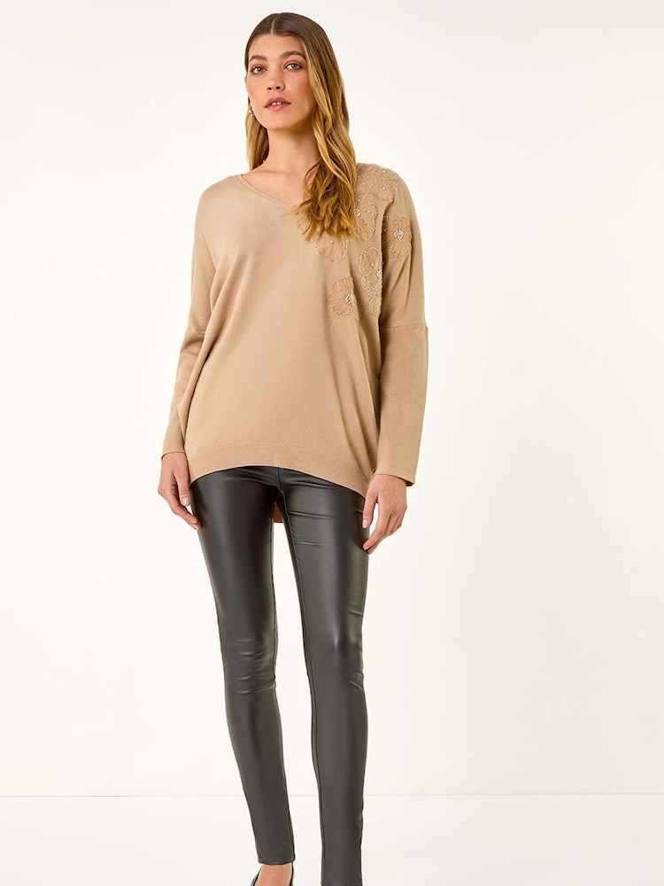 Roman Natural Floral Sequin V-Neck Knit Jumper - Image 1 of 5 Roman Natural Floral Sequin V-Neck Knit Jumper - Image 1 of 5