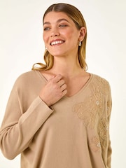 Roman Natural Floral Sequin V-Neck Knit Jumper - Image 2 of 5