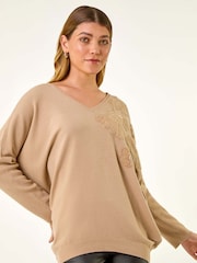 Roman Natural Floral Sequin V-Neck Knit Jumper - Image 4 of 5